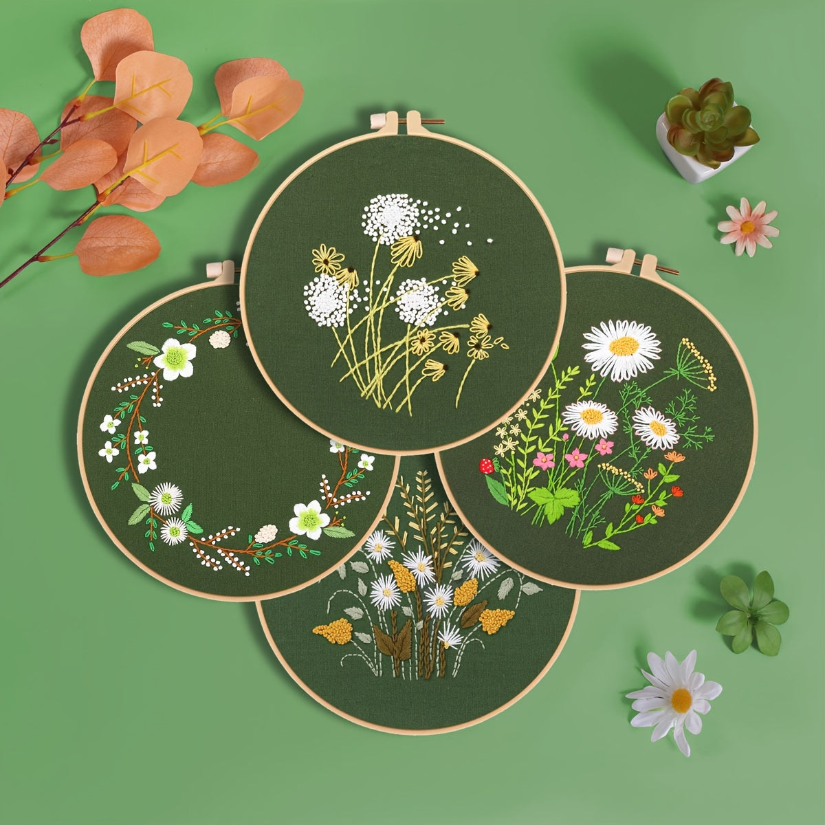 4pcs DIY Flowers And Plants Embroidery Kit with Embroidery Hoop 20.07 cm