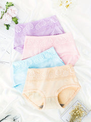 4pcs Lace Briefs Breathable Mid Rise Stretchy Panties Women's Lingerie