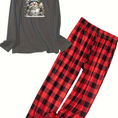 Snowman & Birds Print Lounge Set - Plaid Pants Pajamas 2 Piece