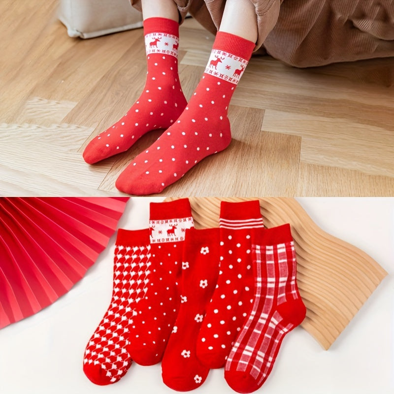 5 Pairs Christmas Pattern Socks Breathable Mid Tube Stockings