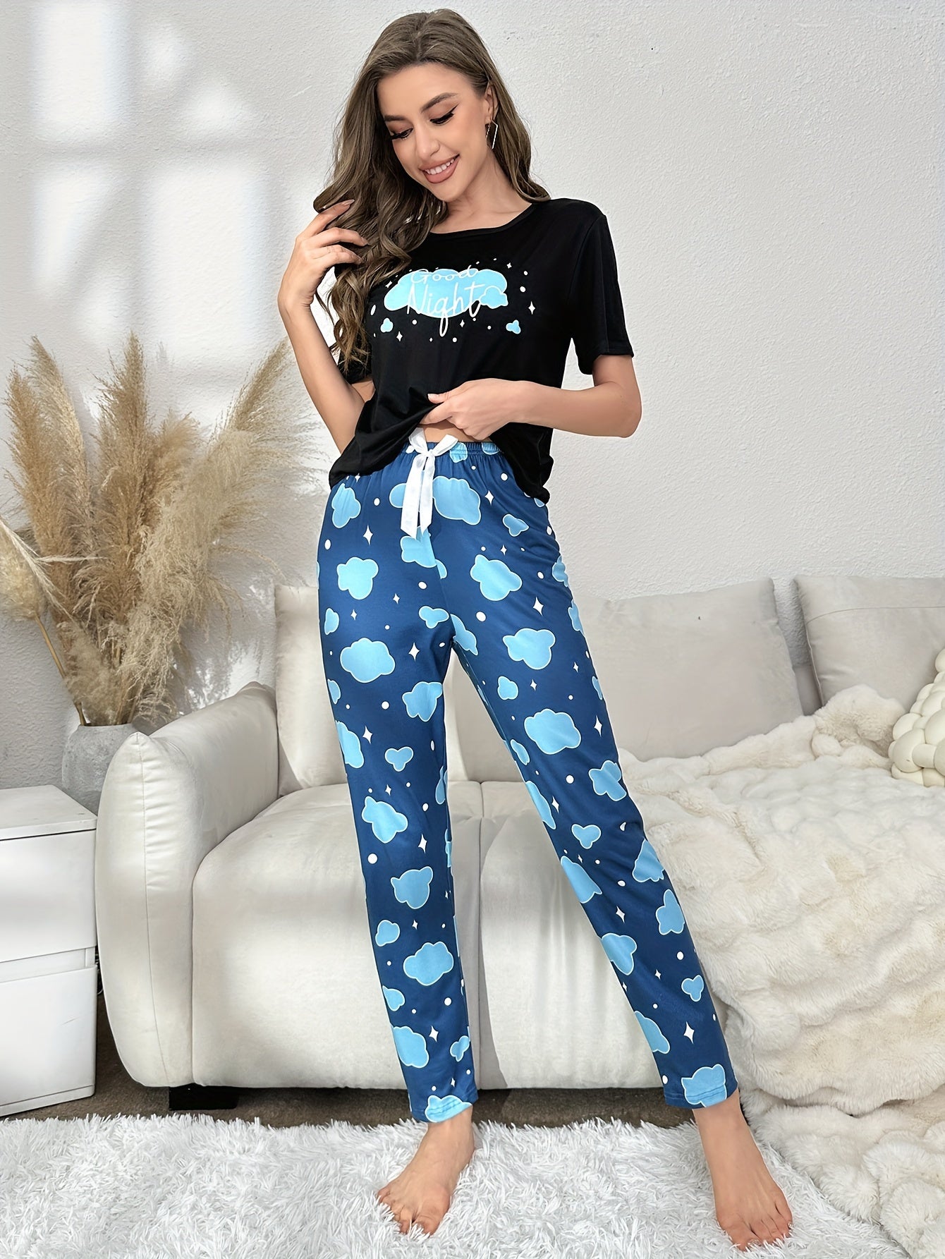 Cloud & Letter Pajama Set Short Sleeve Top & Lounge Pants