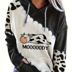 Cow & Letter Print Hoodies Casual Drawstring Kangaroo Pocket