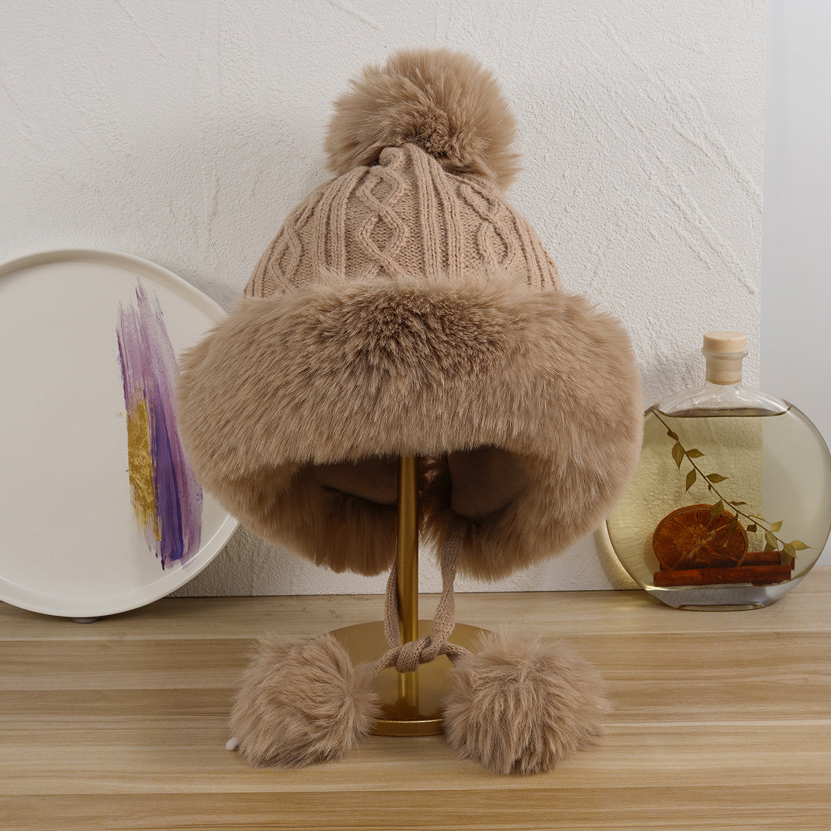 Rabbit Fur Knitted Ball Plush Thick Hat Solid Ear Protection Wool Hat