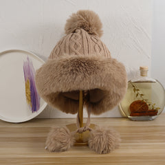 Rabbit Fur Knitted Ball Plush Thick Hat Solid Ear Protection Wool Hat
