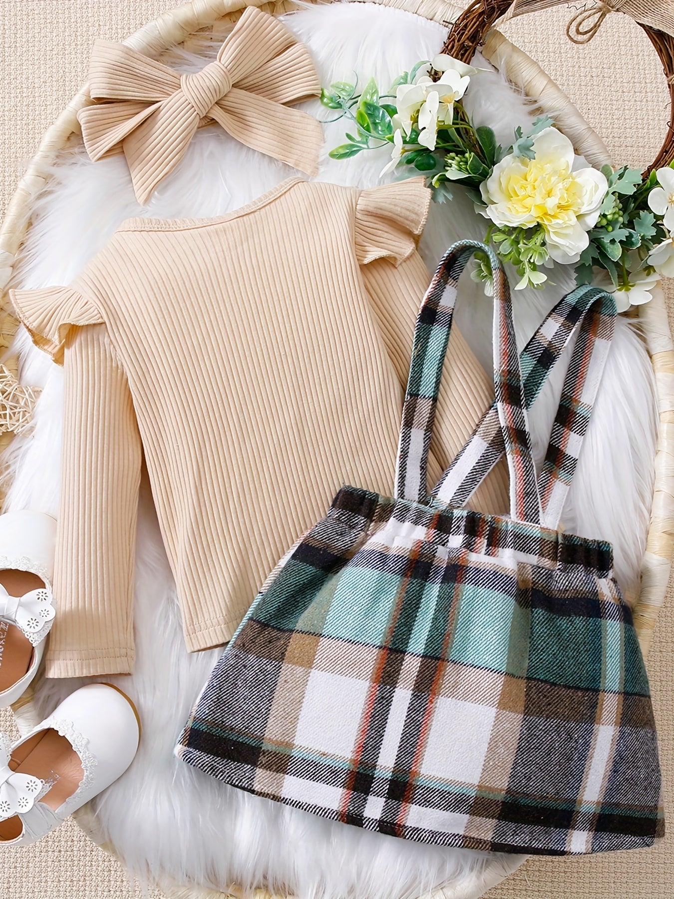 2PCS Toddler Baby Girl Outfit Long Sleeve Tops & Plaid Suspender Dress Set