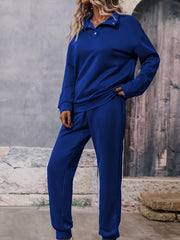 Solid Long Sleeve Lapel Collar Pullover & Joggers Set