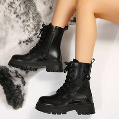 Women's Platform Combat Boots Round Toe Chunky Low Heeled Boots