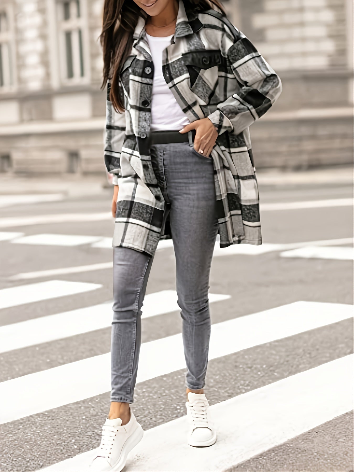 Preppy Plaid Shirt Jacket Button Up Casual Shacket For Spring & Fall Women's