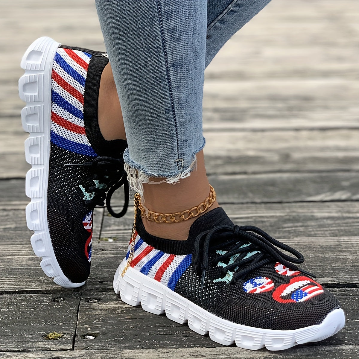 Women's Flag Pattern Mesh Casual Sports Shoes Lightweight Non slip