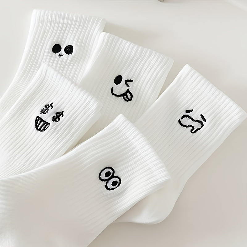 Teenager's Cartoon Expression Knitted Socks, Soft Crew Socks for Outdoor