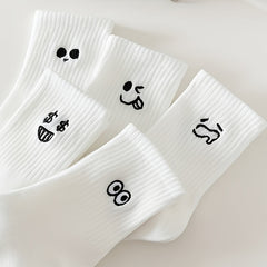 Teenager's Cartoon Expression Knitted Socks, Soft Crew Socks for Outdoor