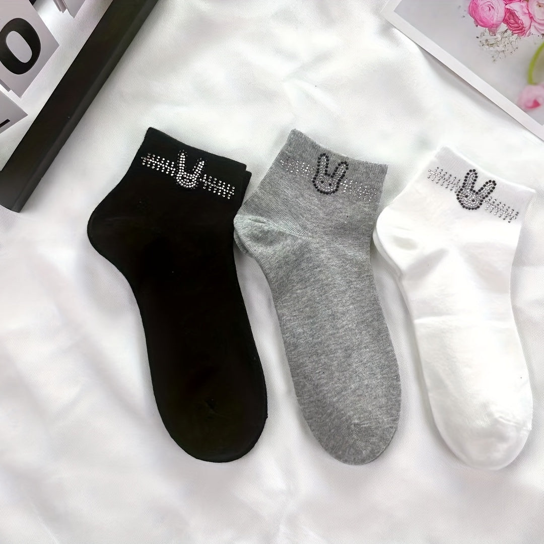 5 Pairs Bunny Rhinestone Socks Cute & Comfy Crew Short Stockings
