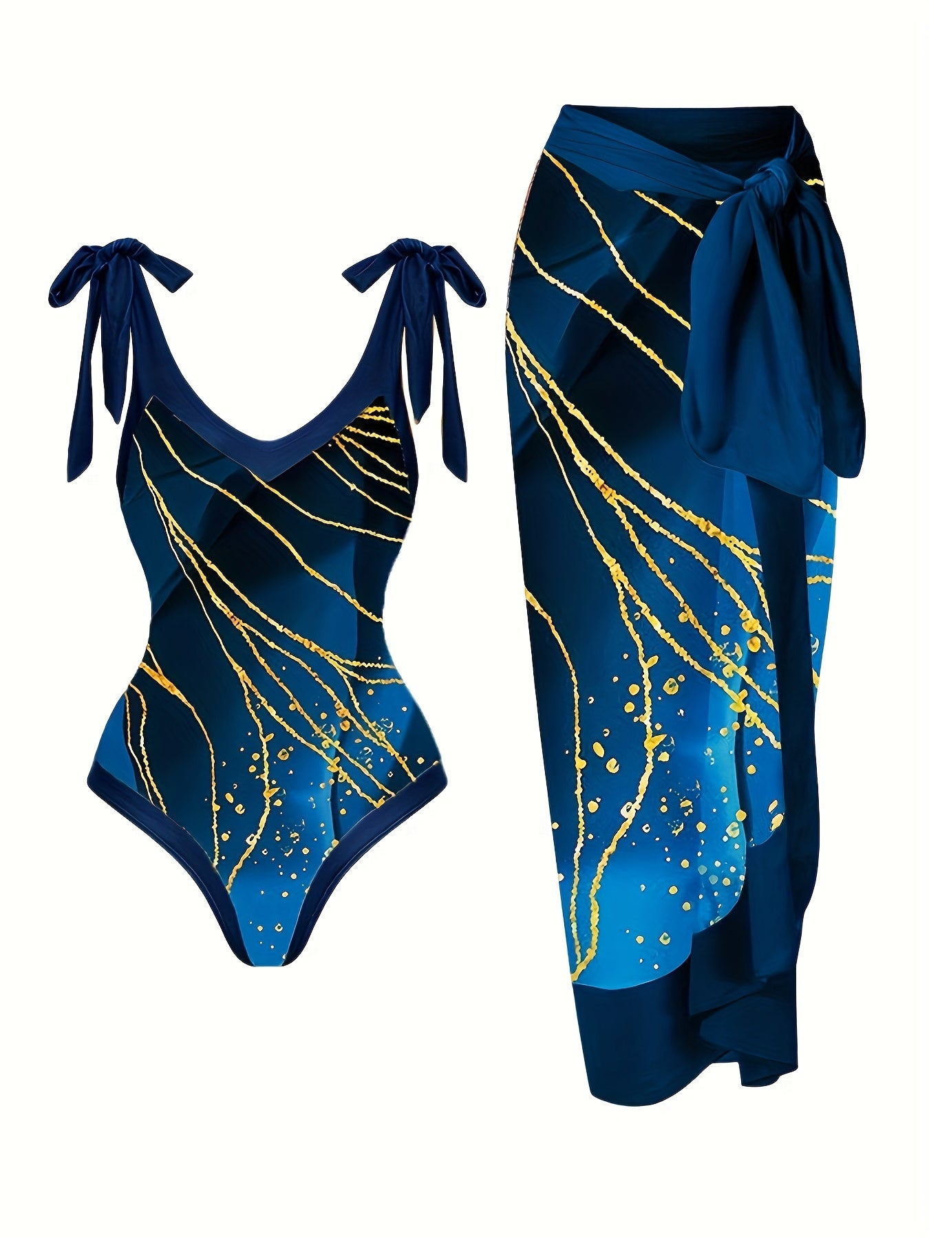 Glitter Marble Print Swimsuit Set & Cover Up Skirt