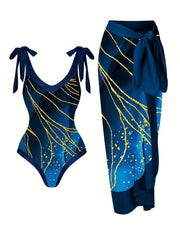 Glitter Marble Print Swimsuit Set & Cover Up Skirt