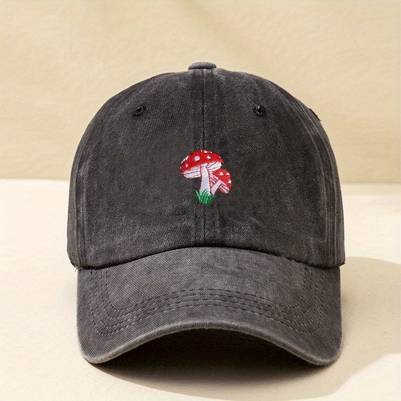 Mushroom Embroidery Baseball Cap Unisex Washed Distressed Dad Hats