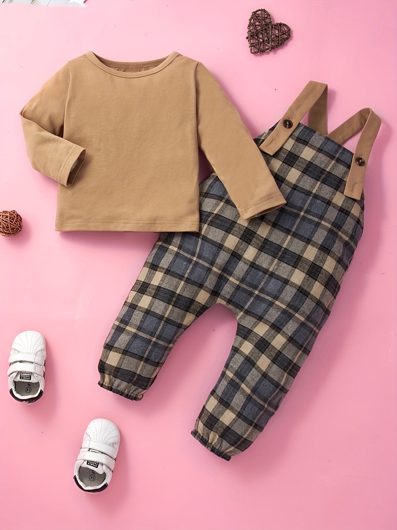 Baby Girl's 2pcs Plaid Overalls & Solid Top Set for Spring Fall