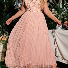 Golden Leaf Print V Neck Ruffle Trim Mesh Overlay Plus Size Bridesmaid Dress