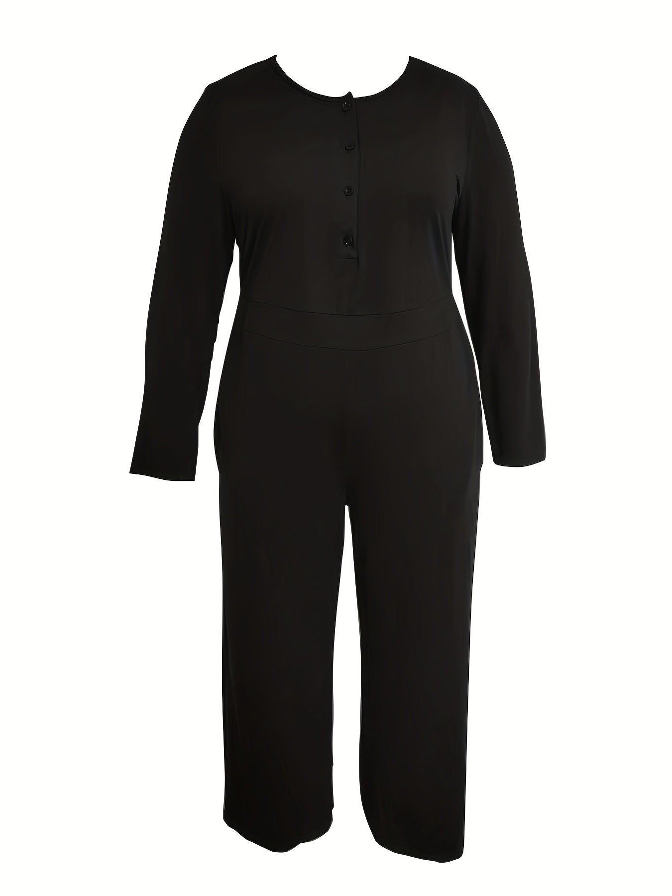 Button Up Long Sleeve Round Neck Wide Leg Jumpsuit