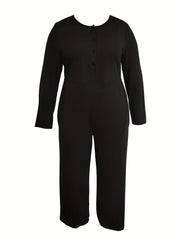 Button Up Long Sleeve Round Neck Wide Leg Jumpsuit
