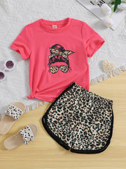 Girls Figure Graphic T Shirts & Leopard Shorts Set