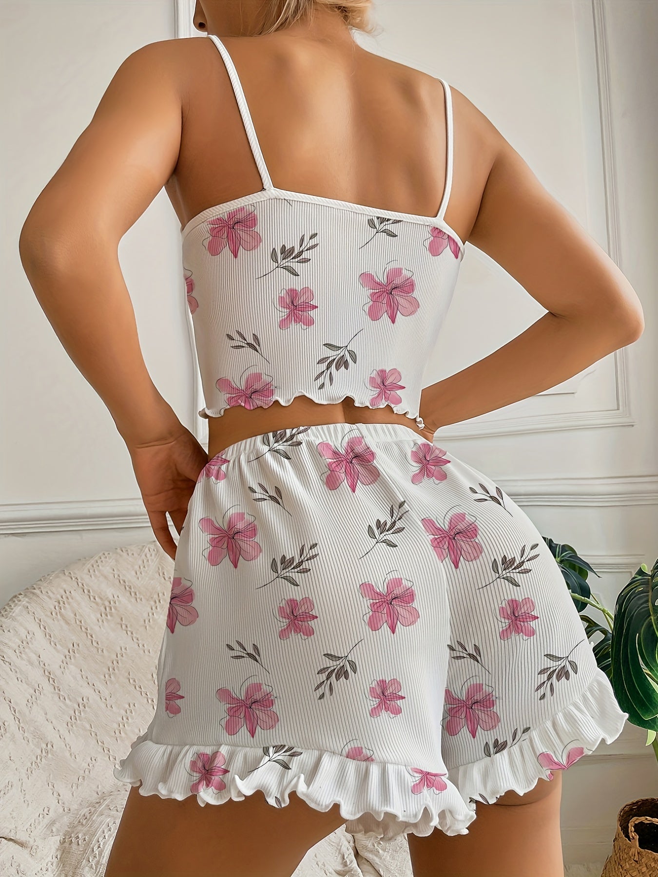 Floral Print Ruffles Pajamas Set Cami Top & Bow Shorts Women's Lingerie