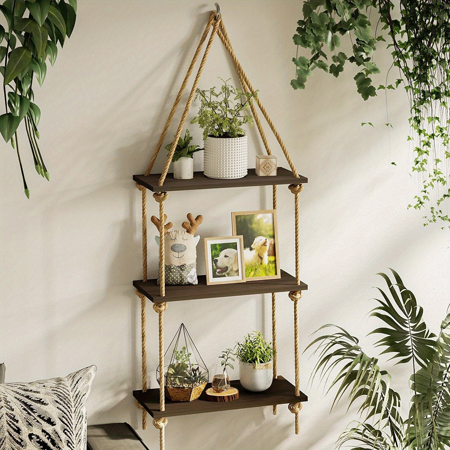 3 Tier Hanging Wall Shelves Swing Rope Floating Shelf