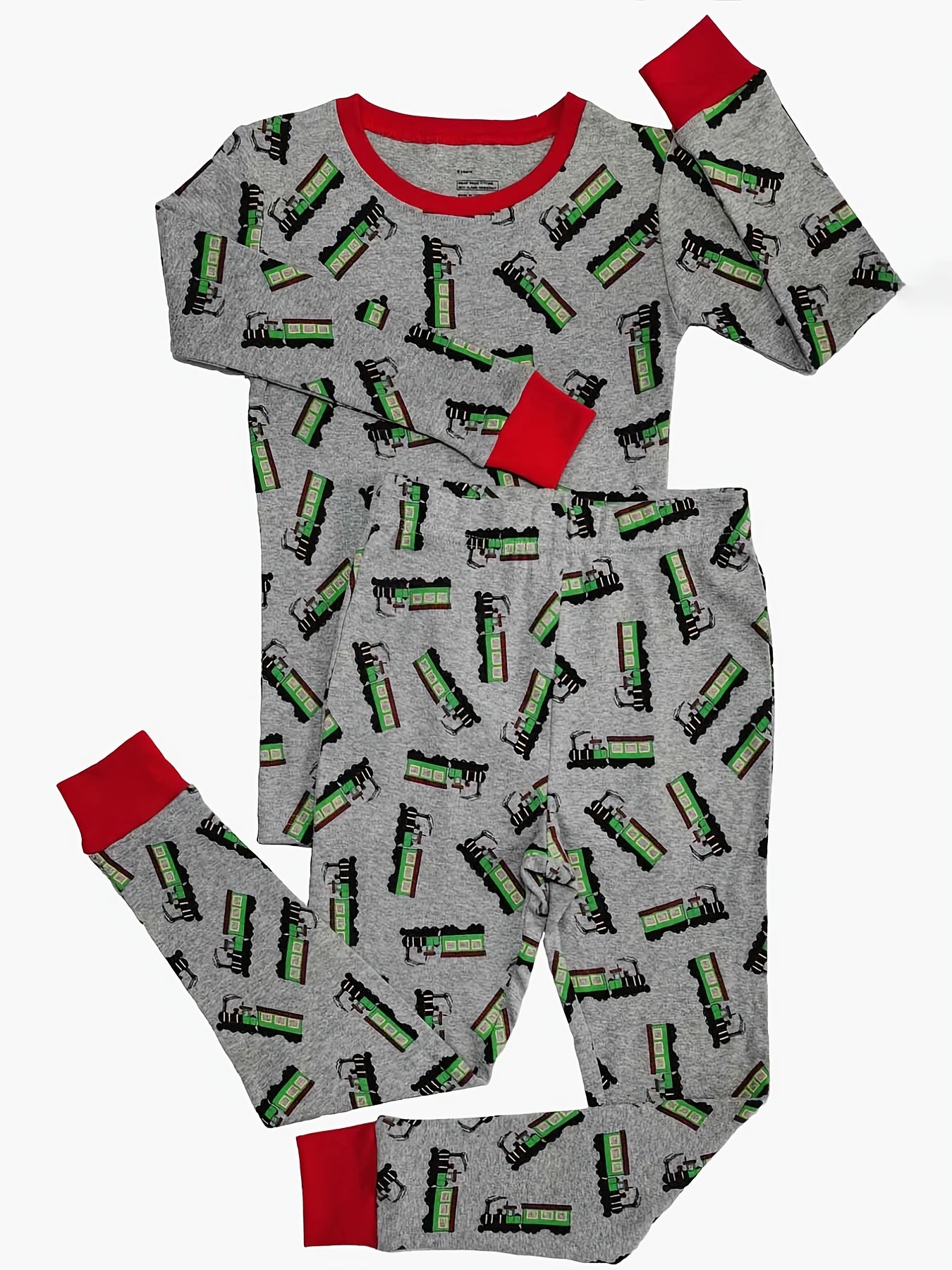 Boys Train Print Lounge Set, Long Sleeve Top & Elastic Waist Trousers