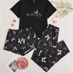Butterfly Print Pajamas Set Short Sleeve Top & Shorts/Pants Women's Sleepwear