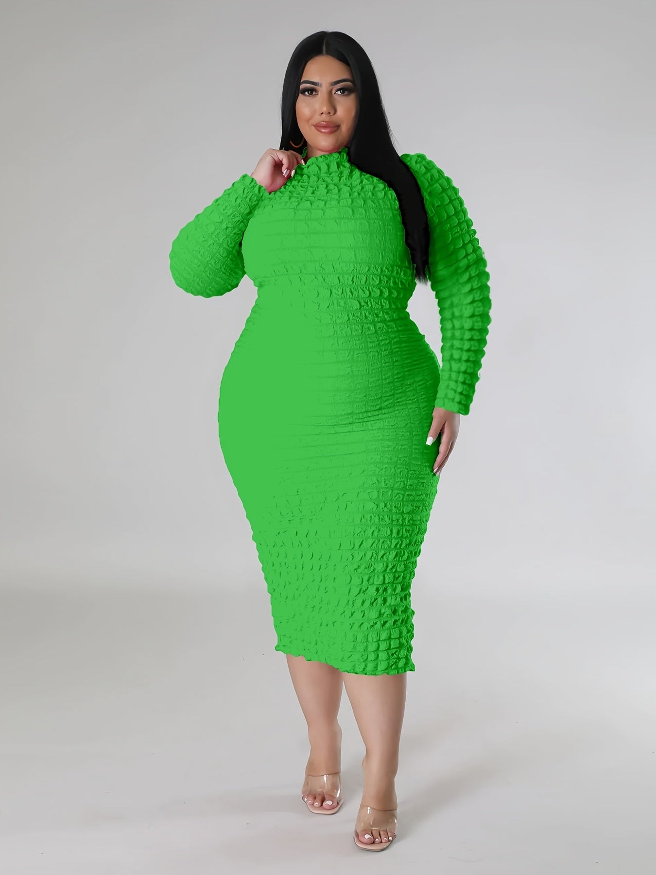 Solid Crinkle Long Sleeve High Neck Midi Dress