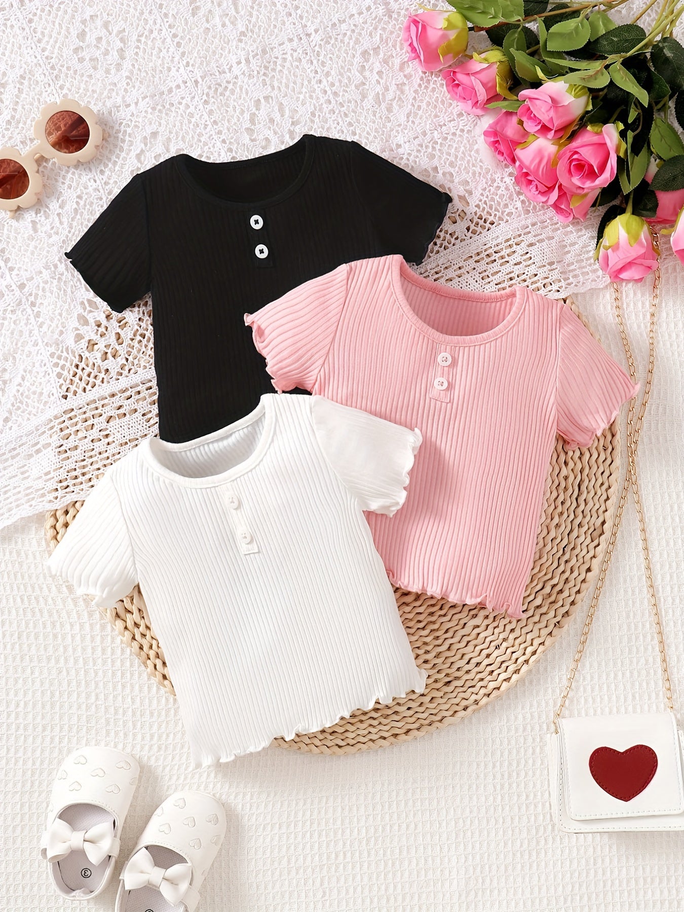 Baby Girls Summer Knitted Short Sleeve T-shirt 3pcs Set