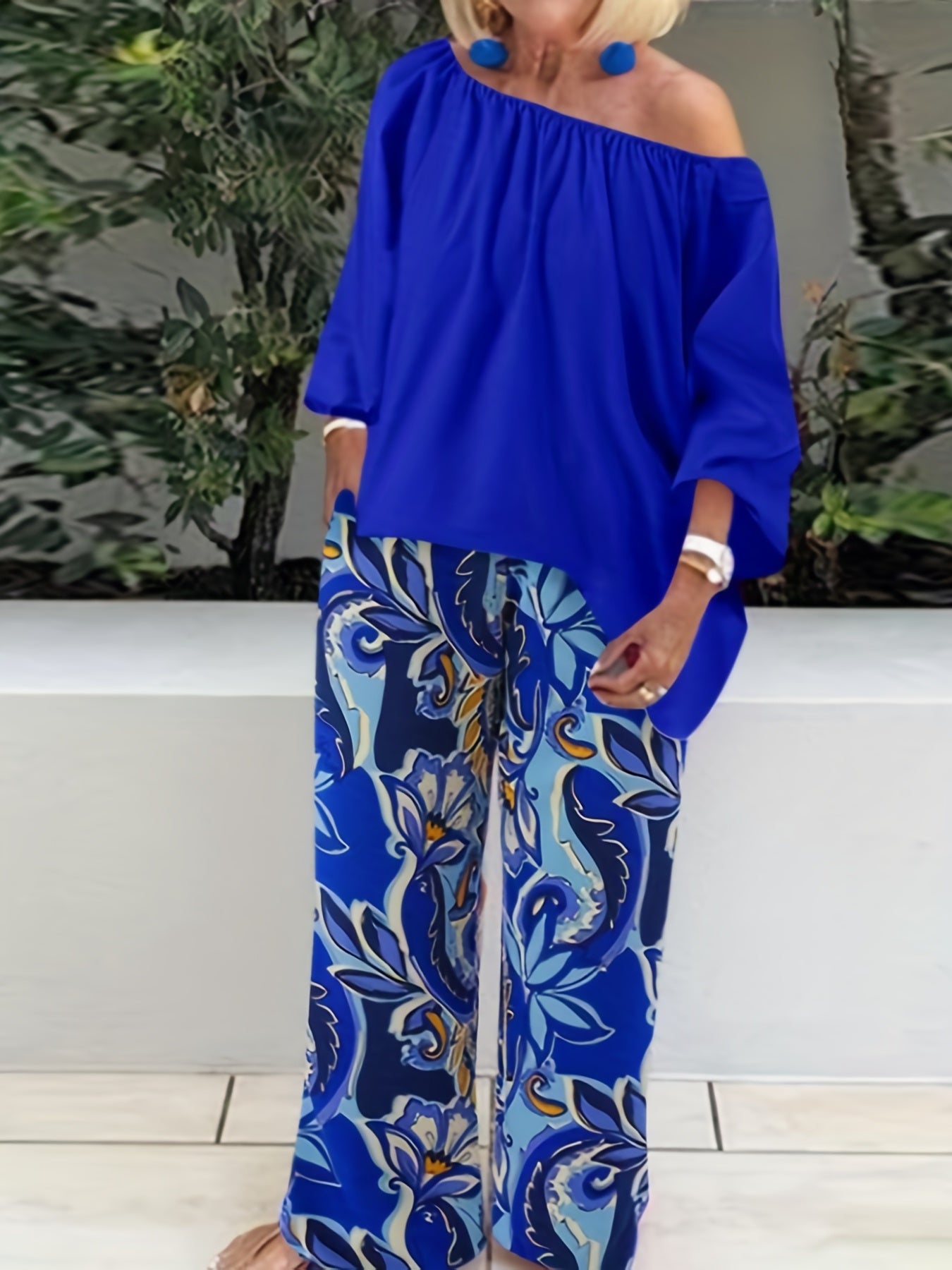 Off Shoulder Top & Floral Wide Leg Pants 2-Piece Set