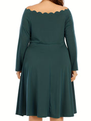 Casual Dress Women's Plain Long Sleeve Scallop Trim Boat Neck Dress