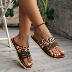 Skull Print Thong Sandals Rivet Detail Summer Flip Flops