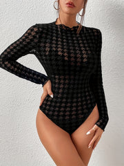 Houndstooth Print Solid Bodysuit Sexy Slim Long Sleeve