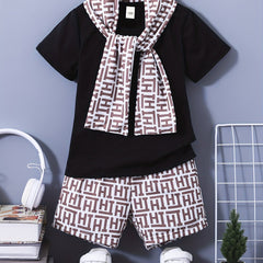 3pcs Boys Casual Short Sleeve T shirt & Shorts & Scarf Set Summer Kids Clothes