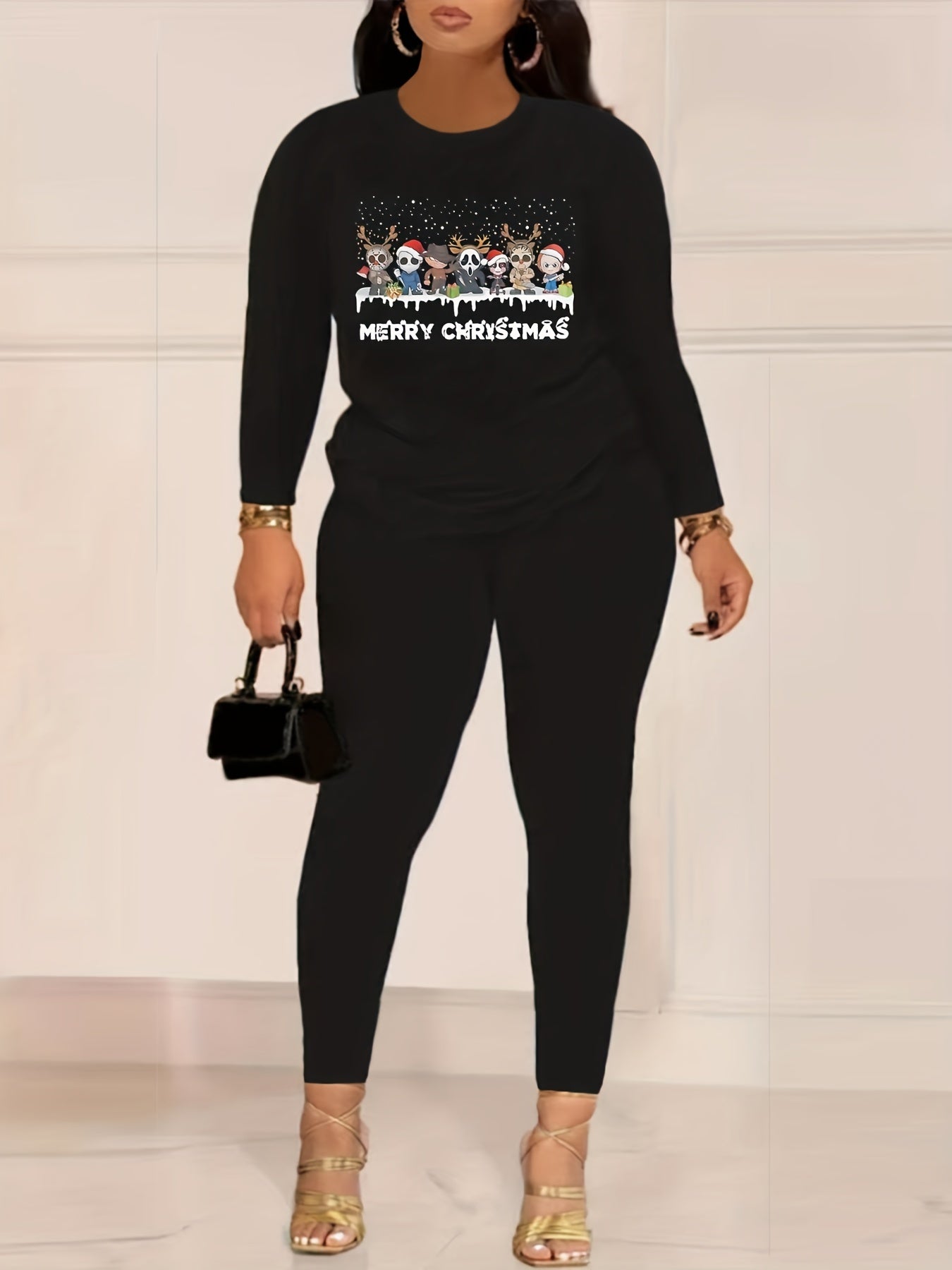 Women's Plus Size Snowflake & Cartoon Print Tee & Leggings Outfits