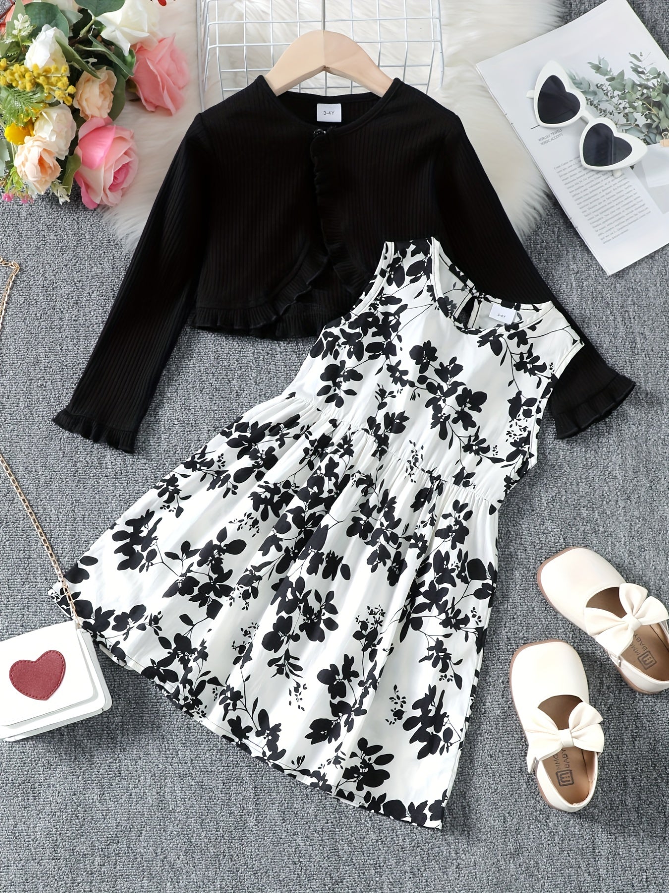 Girls 2pcs Dress & Cardigan Set Floral Print Ruffle Top