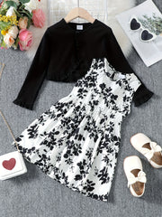 Girls 2pcs Dress & Cardigan Set Floral Print Ruffle Top
