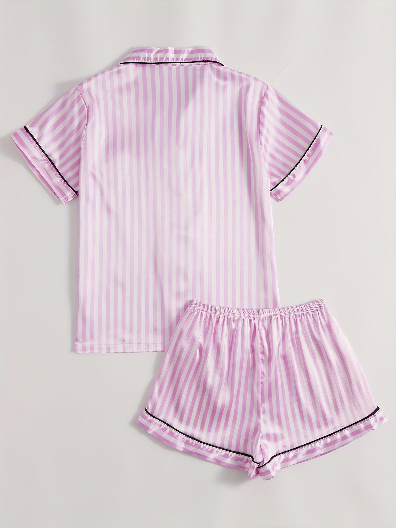 Stripe Print Pajama Set Collared Top & Shorts
