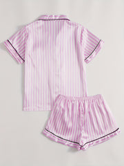 Stripe Print Pajama Set Collared Top & Shorts