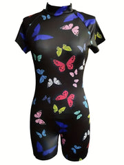 Butterfly Print Mock Neck Romper Jumpsuit Short Sleeve Casual Women's Clothing