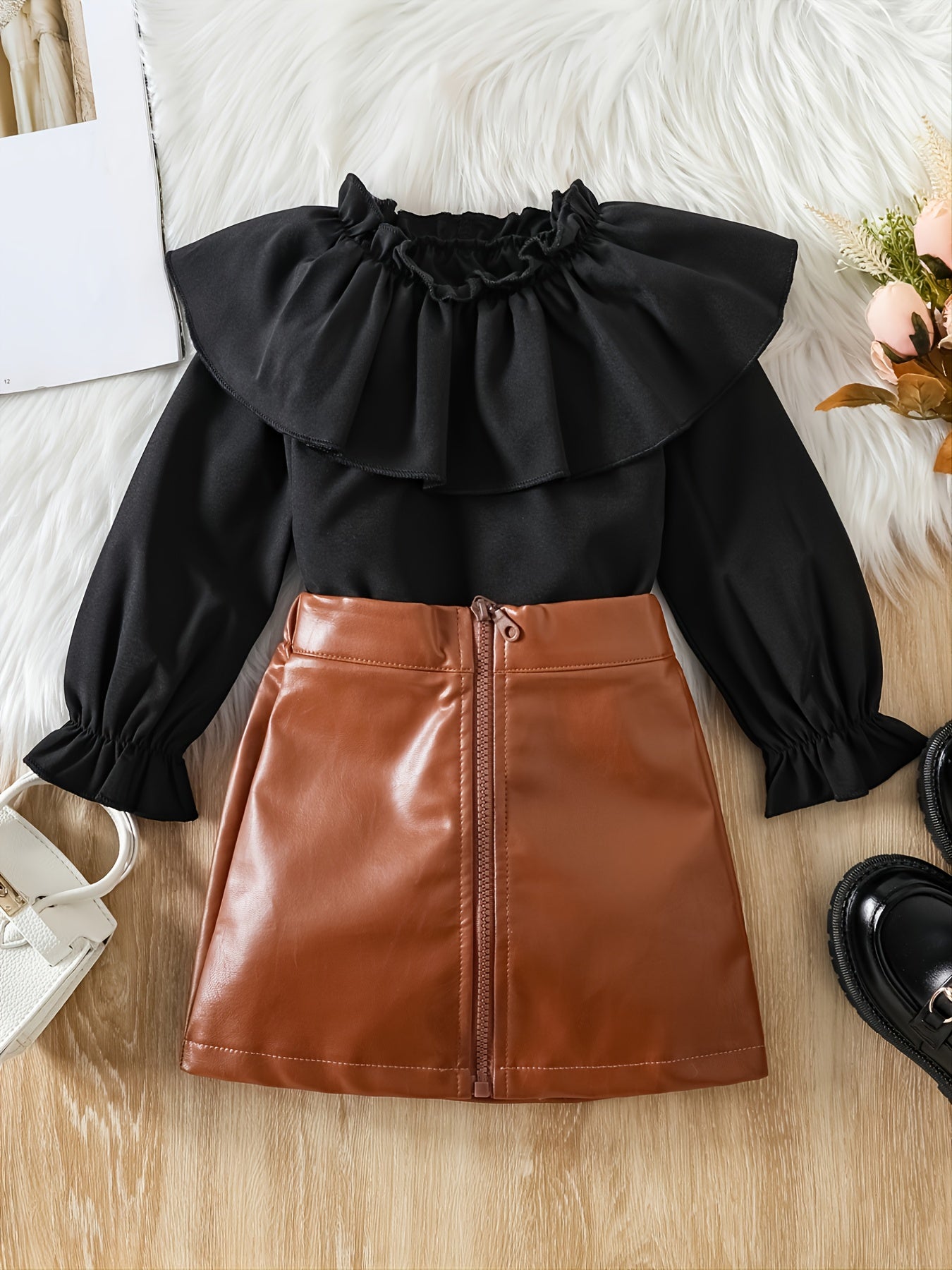 Toddler Girls Winter Skirt Set Ruffle Trim Top & PU Zipper Skirt