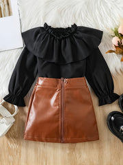 Toddler Girls Winter Skirt Set Ruffle Trim Top & PU Zipper Skirt