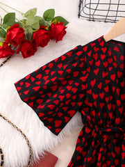 Hearts Print V-neck Tunic Dress for Girls