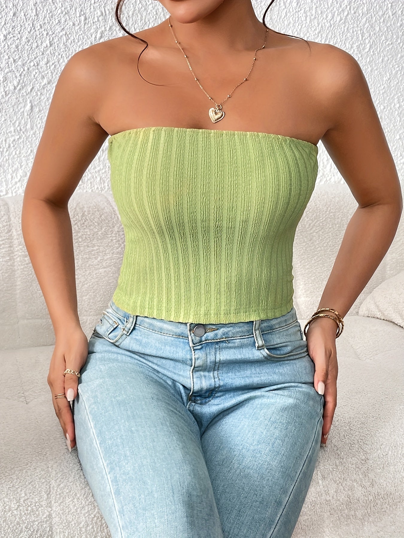 Solid Textured Tube Top Sleeveless Casual Top