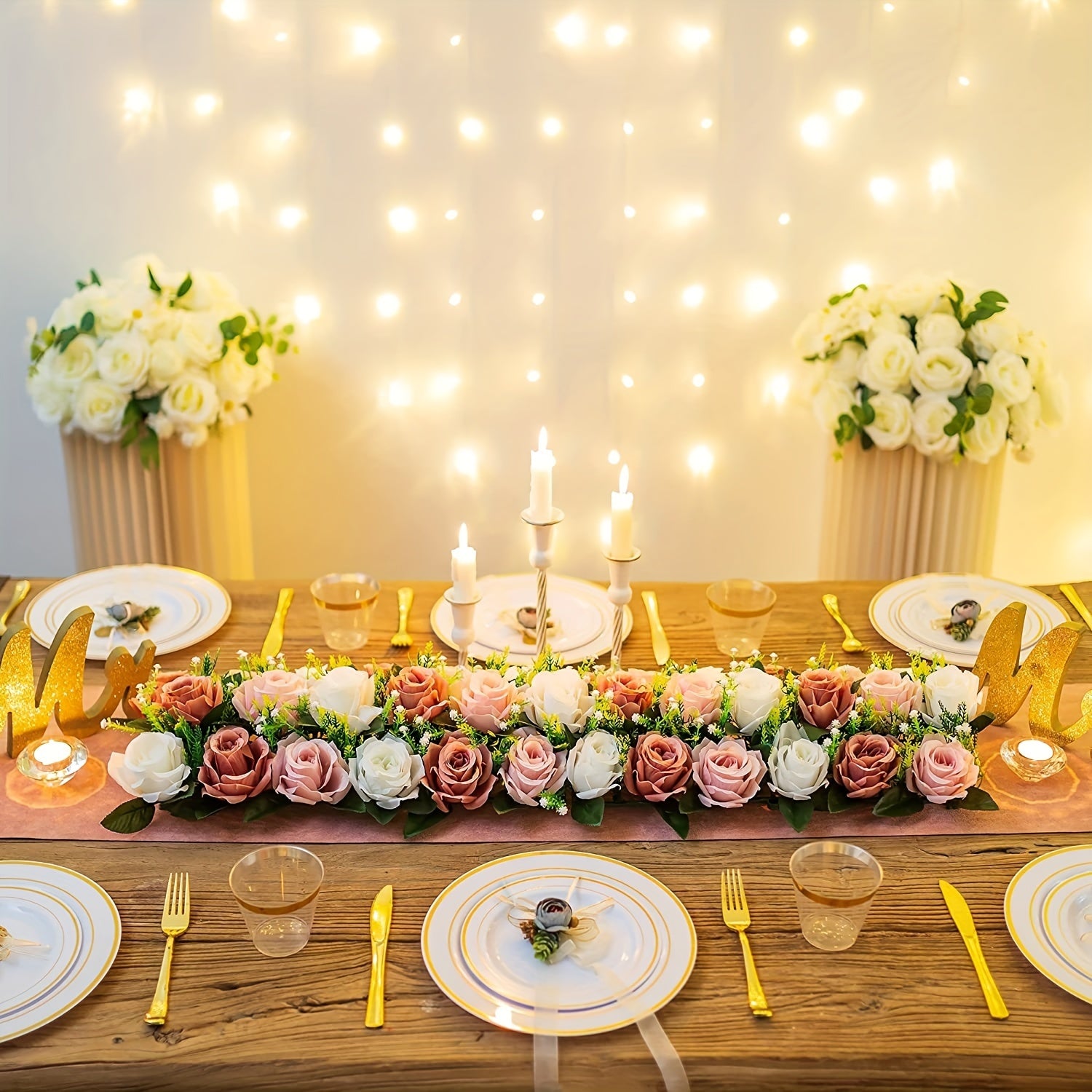Artificial Rose Floral Centerpiece for Table Runner Kitchen Living Room