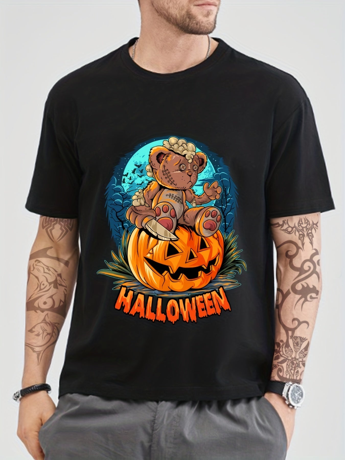 Cotton Halloween Pumpkin Print Men's Graphic T-shirt