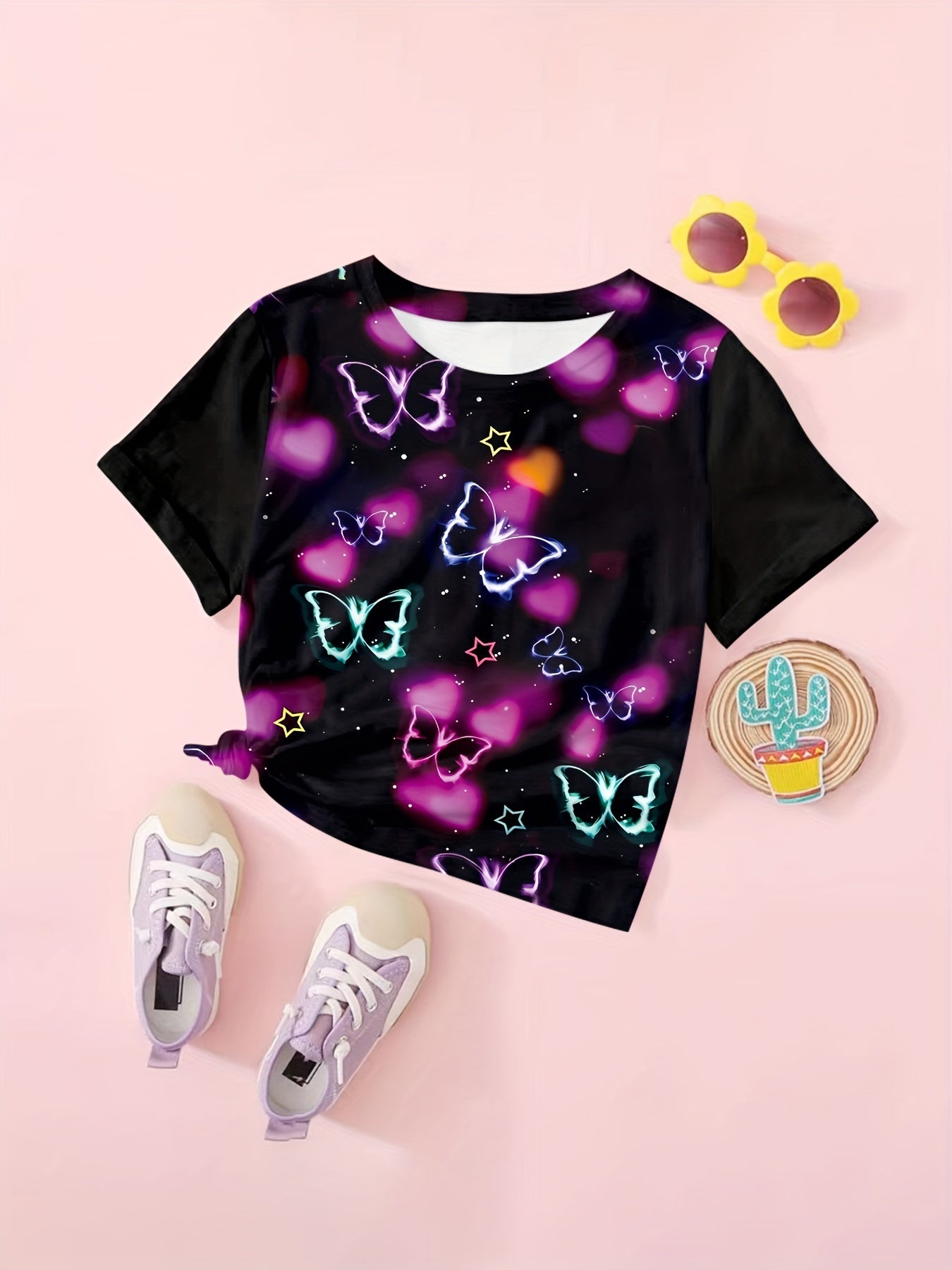 Girls Butterfly & Heart Print Tee Summer Clothes Gift