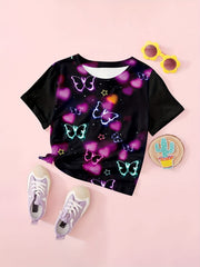 Girls Butterfly & Heart Print Tee Summer Clothes Gift