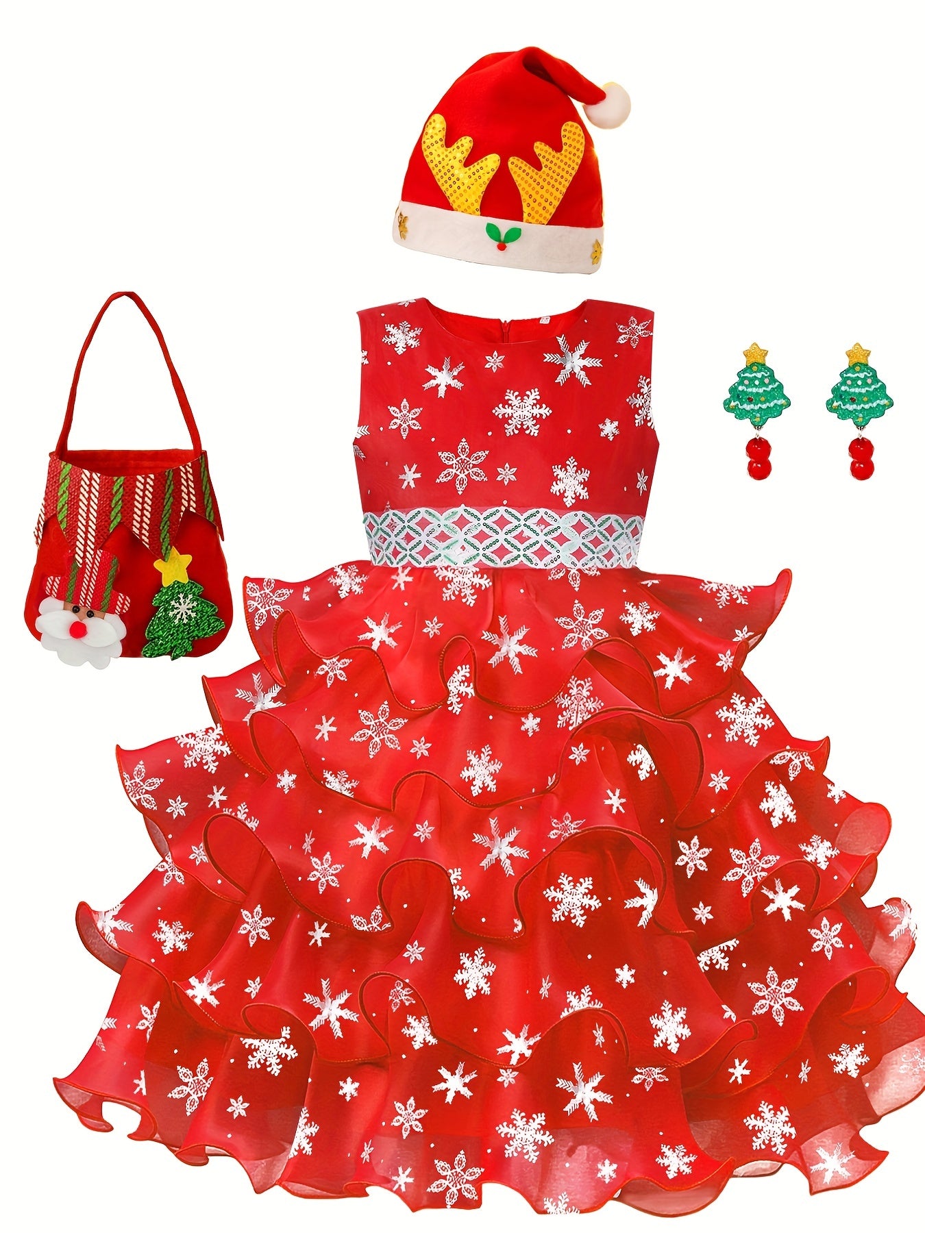 Girl's Christmas Costume Snowflake Sequin Decor Dress Kids Clothes For Party